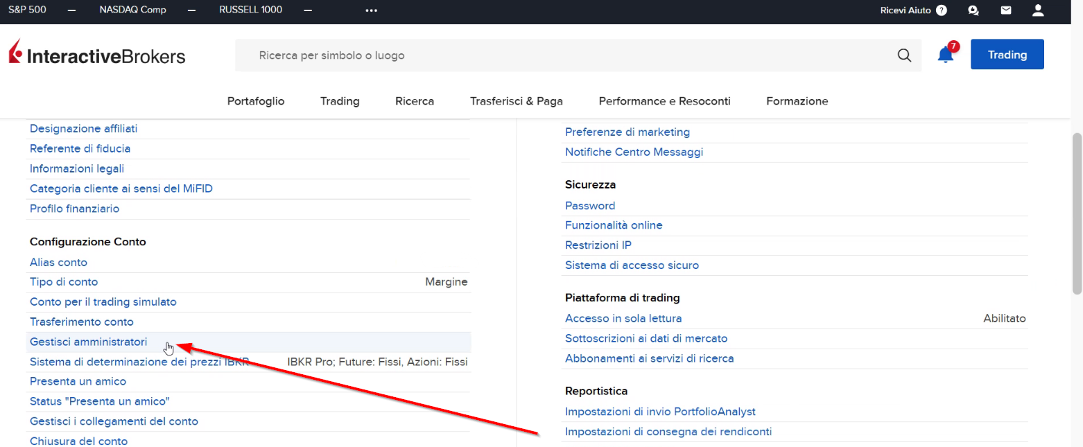 Scendere nella pagina sino a selezionare Gestisci amministratori