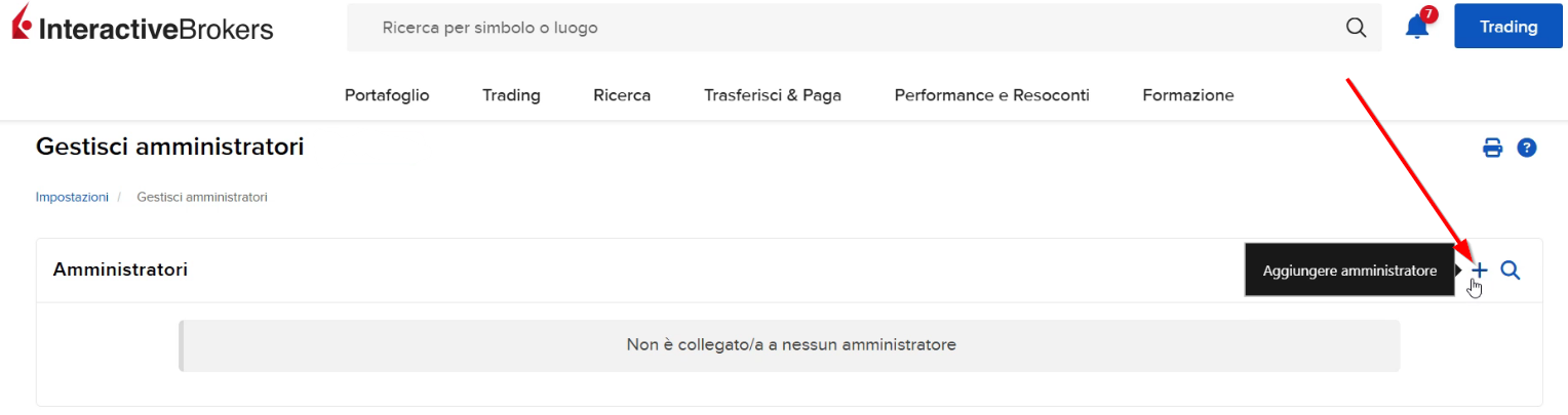 Cliccare sul + per aggiungere un amministratore - Si ricorda che l'accesso ai dati è in sola lettura quindi potremo solo scaricare i suoi dati senza alcuna operatività