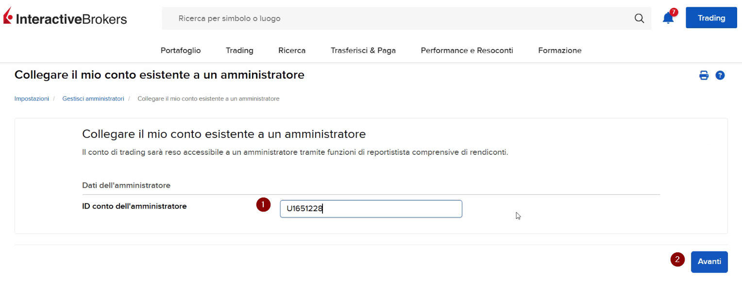 Inserire il numero conto U1651228 e cliccare su Avanti