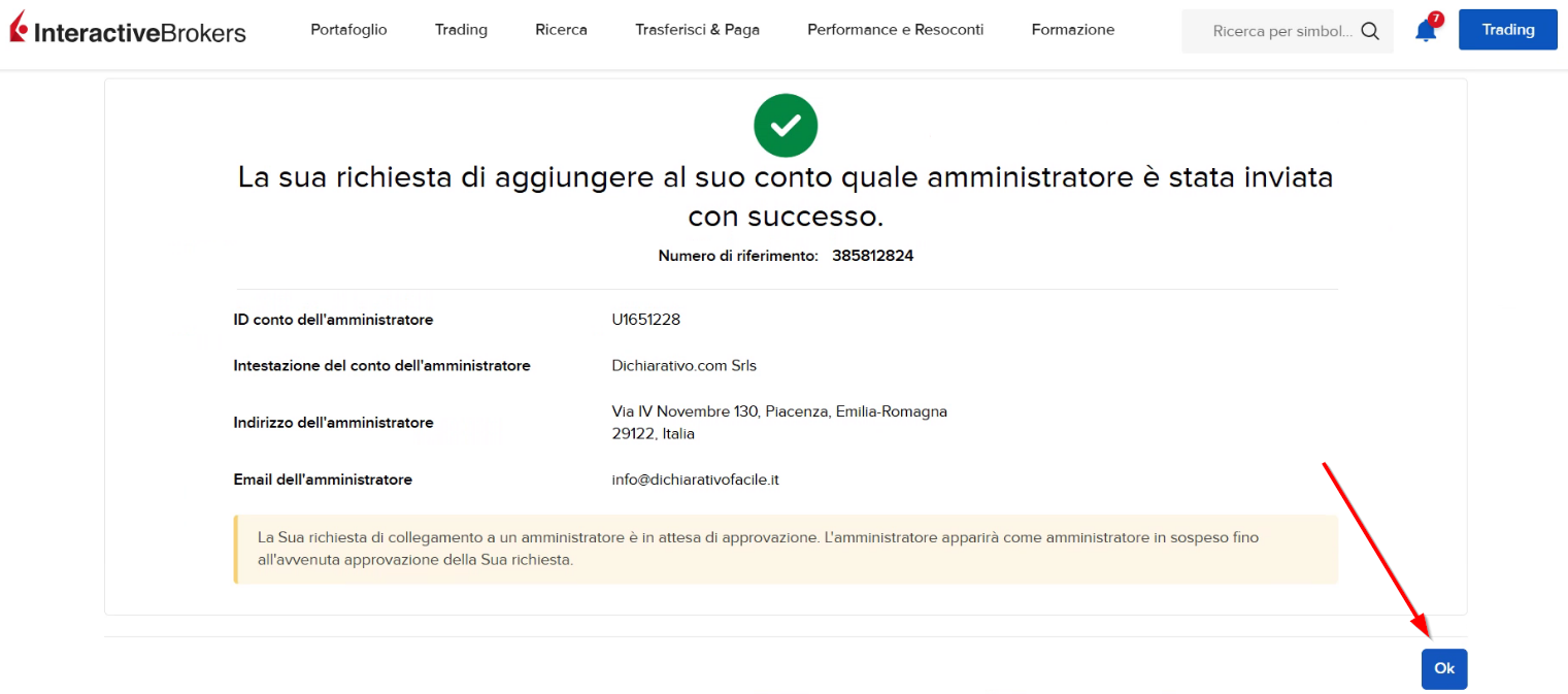 Apparirà la schermata di conferma della richiesta. Riceveremo la notifica di richiesta e procederemo ad accettare la richiesta e a scaricare i suoi dati